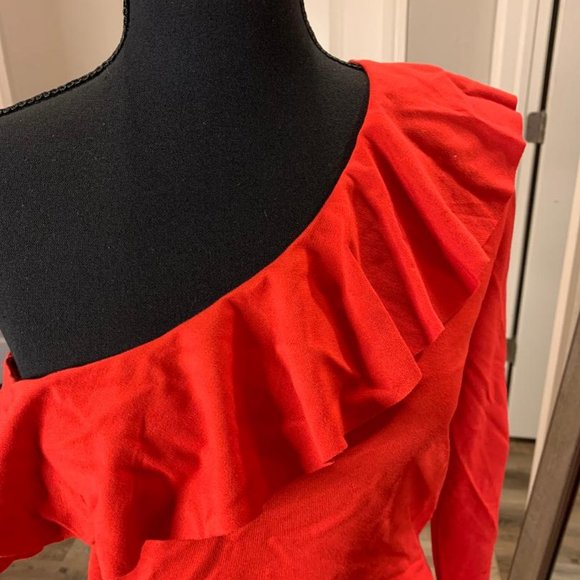 DIVIDED H&M | Red One Sleeve Fitted Ruffle Dress - Picture 4 of 9